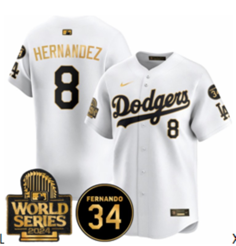 Men's Los Angeles Dodgers #8 Enrique Hernández White Gold 2024 World Series With Fernando Memorial Patch Limited Stitched Baseball Jersey