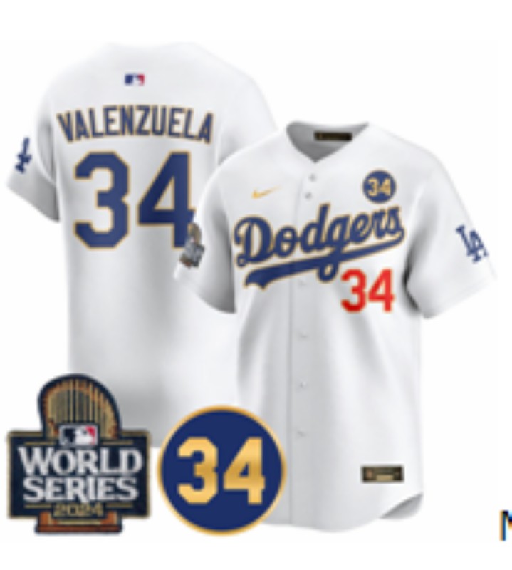 Men's Los Angeles Dodgers #34 Fernando Valenzuela White Gold 2024 World Series With No. 34 Patch Nike Limited Stitched MLB Jersey