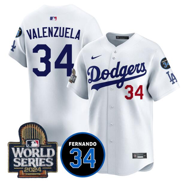 Men's Los Angeles Dodgers Fernando Valenzuela White 2024 World Series With Fernando Memorial Patch Home Limited Stitched Baseball Jersey