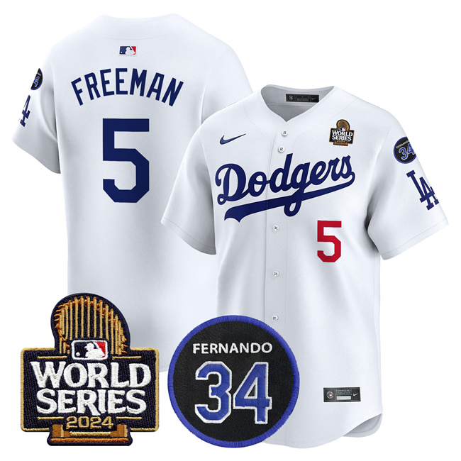 Women's Los Angeles Dodgers #5 Freddie Freeman White 2024 World Series With Fernando Memorial Patch Limited Stitched Baseball Jersey