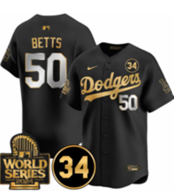 Men's Los Angeles Dodgers #50 Mookie Betts Black Gold 2024 World Series With NO. 34 Patch Limited Stitched MLB Jersey