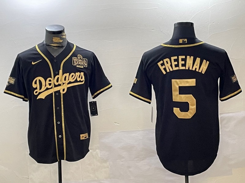 Men's Los Angeles Dodgers #5 Freddie Freeman Black Gold 2024 World Series Patch And Champions Patch Limited Stitched Baseball Jersey