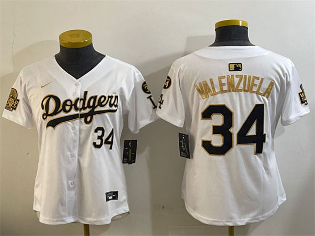 Youth Los Angeles Dodgers #34 Toro Valenzuela White_Gold 2024 World Series With Fernando Memorial Patch Home Limited Stitched Baseball Jersey