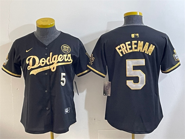 Youth Los Angeles Dodgers #5 Freddie Freeman Black_Gold 2024 World Series With Fernando Memorial Patch Limited Stitched Baseball Jersey