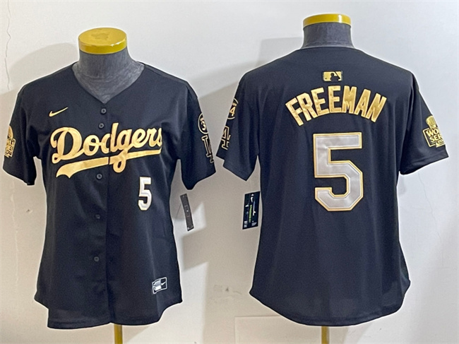 Youth Los Angeles Dodgers #5 Freddie Freeman Black_Gold 2024 World Series With Fernando Memorial Patch Limited Stitched Baseball Jersey