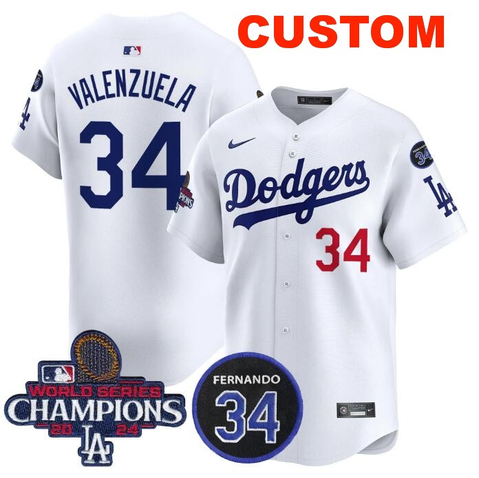 Men's Los Angeles Dodgers Active Player Custom White 2024 World Series Champions With Fernando Memorial Patch Home Limited Stitched Baseball Jersey