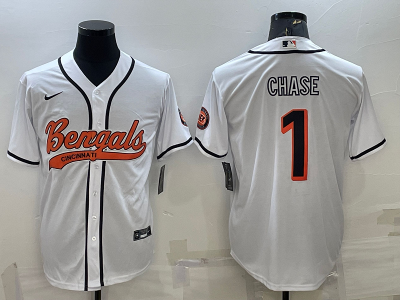 Men's Cincinnati Bengals #1 Ja'Marr Chase White With Patch Cool Base Stitched Baseball Jersey