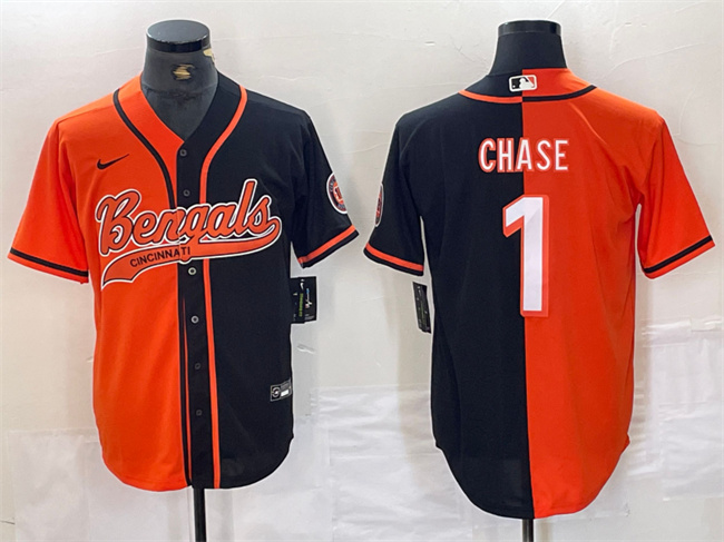 Men's Cincinnati Bengals #1 Ja'Marr Chase Black_Orange Split With Patch Cool Base Stitched Baseball Jersey