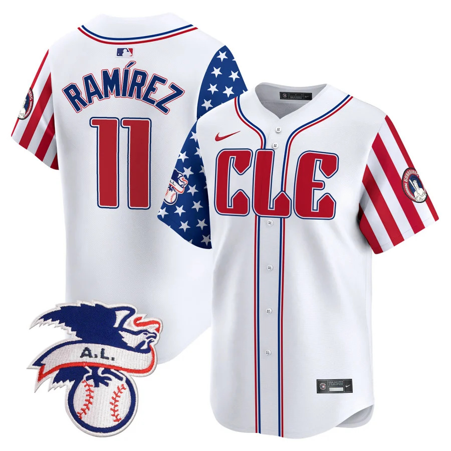 Men's Cleveland Guardians #11 Jose Ramirez White 2024 Fourth Of July Vapor Premier Limited Stitched Baseball Jersey