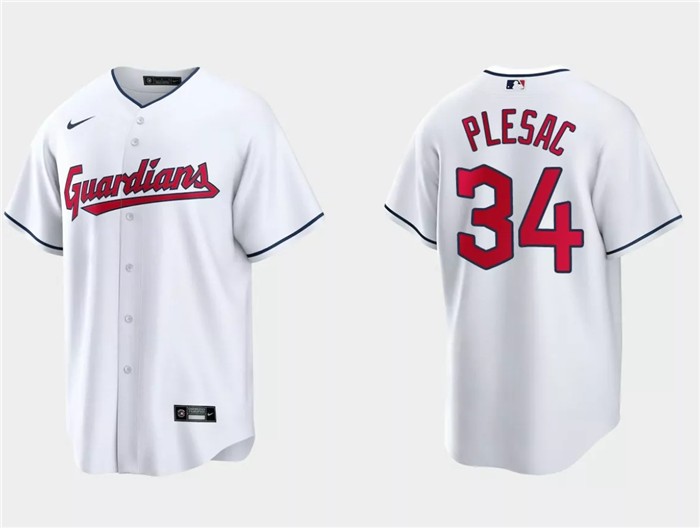 Men's Cleveland Guardians #34 Zach Plesac White Cool Base Stitched Jersey