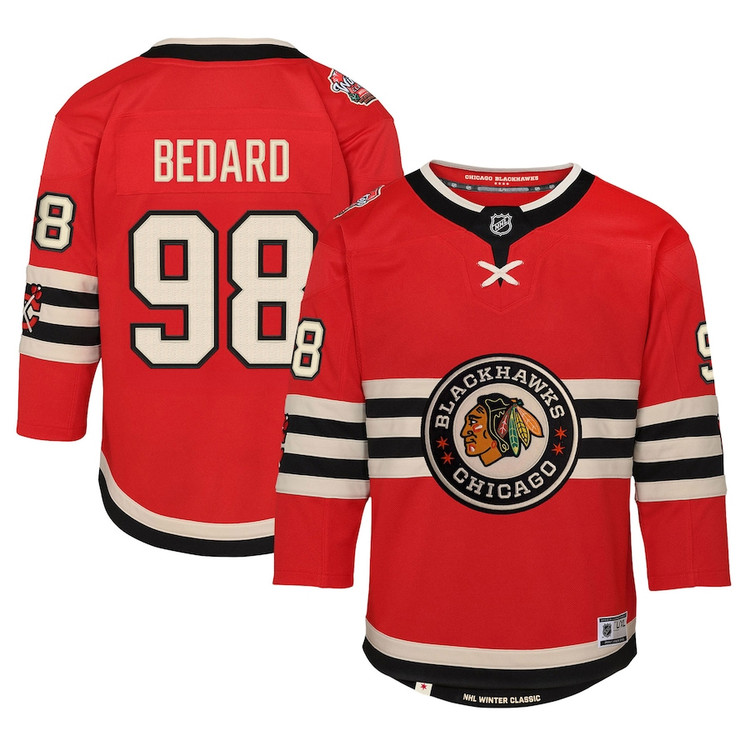 Youth #98 Connor Bedard Chicago Blackhawks 2025 NHL Winter Classic Premier Jersey by Fanatics - Red Cream Black