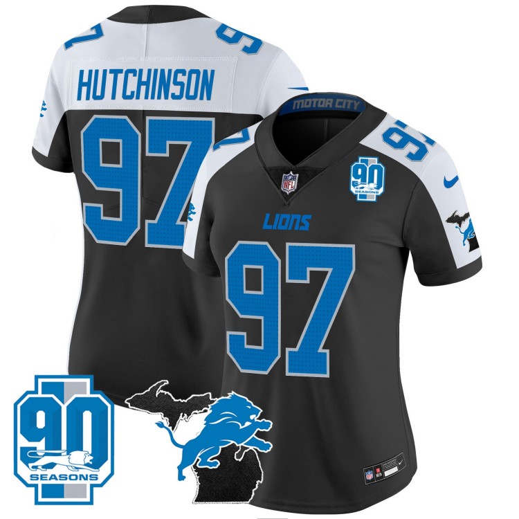 Women's Detroit Lions #97 Aidan Hutchinson Black White F.U.S.E. 2024 Michigan Patch & 90th Year Patch Vapor Limited Stitched Jersey