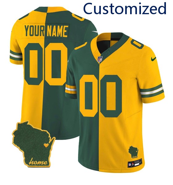 Men's Green Bay Packers Customized Gold Green 2023 F.U.S.E. Home Patch Vapor Untouchable Limited Football Stitched Jersey