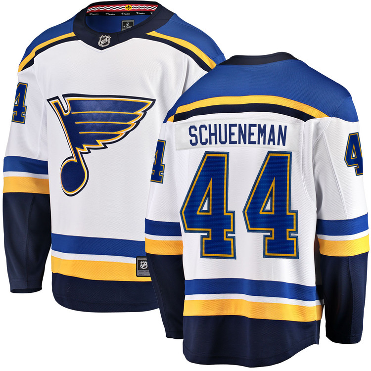 Men's #44 Corey Schueneman St. Louis Blues Away White Breakaway NHL Jersey by Fanatics