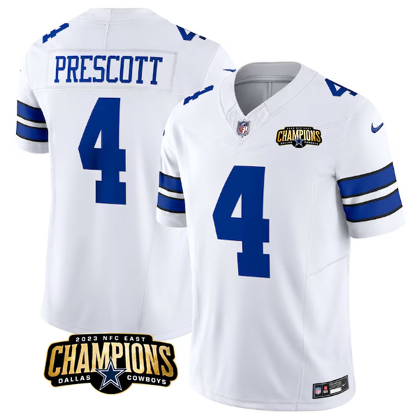 Men's Dallas Cowboys #4 Dak Prescott White 2023 F.U.S.E. NFC East Champions Patch Football Stitched Jersey