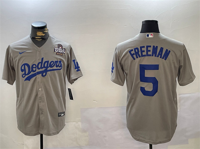 Men's Los Angeles Dodgers #5 Freddie Freeman Grey 2024 World Series Cool Base Stitched Baseball Jersey