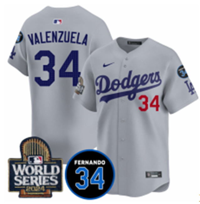 Men's Los Angeles Dodgers #34 Toro Valenzuela Grey 2024 World Series With Fernando Memorial Patch Limited Stitched Baseball Jersey