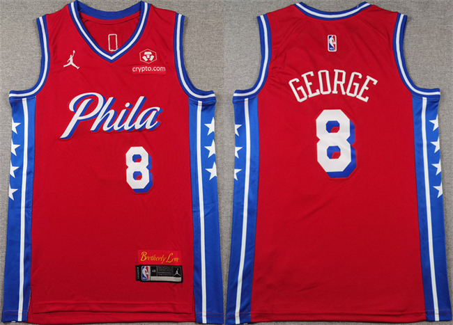 Men's Philadelphia 76ers #8 Paul George Red Statement Edition Stitched Jersey