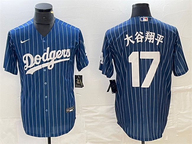 Men's Los Angeles Dodgers #17 大谷翔平 Navy Cool Base With Patch Stitched Baseball Jersey