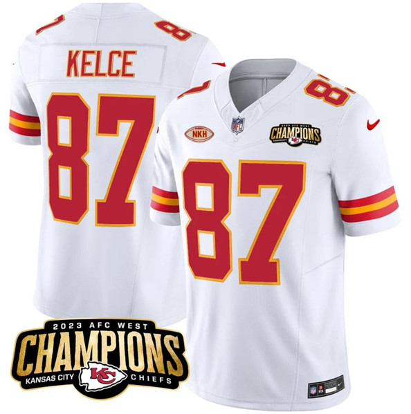 Men’s Kansas City Chiefs #87 Travis Kelce White 2023 F.U.S.E. AFC West Champions With NKH Patch Vapor Untouchable Limited Football Stitched Jersey