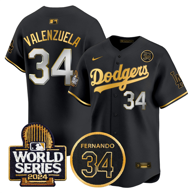 Men's Los Angeles Dodgers #34 Toro Valenzuela Black_Gold 2024 World Series With Fernando Memorial Patch Limited Stitched Baseball Jersey