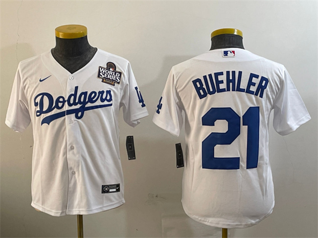 Youth Los Angeles Dodgers #21 Walker Buehler White 2024 World Series Cool Base Stitched Baseball Jersey