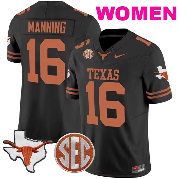 Women's Texas Longhorns #16 Arch Manning Black F.U.S.E. State Map & SEC Patch Stitched Jersey(Run Small)