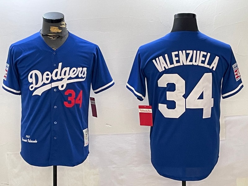 Men's Los Angeles Dodgers #34 1981 Fernando Valenzuela Throwback Royal With HOF Patch Stitched National Baseball Jersey