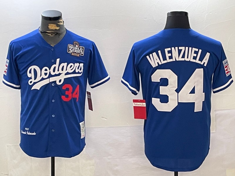 Men's Los Angeles Dodgers #34 1981 Fernando Valenzuela Throwback Royal With 2024 World Series and HOF Patch Stitched National Baseball Jersey