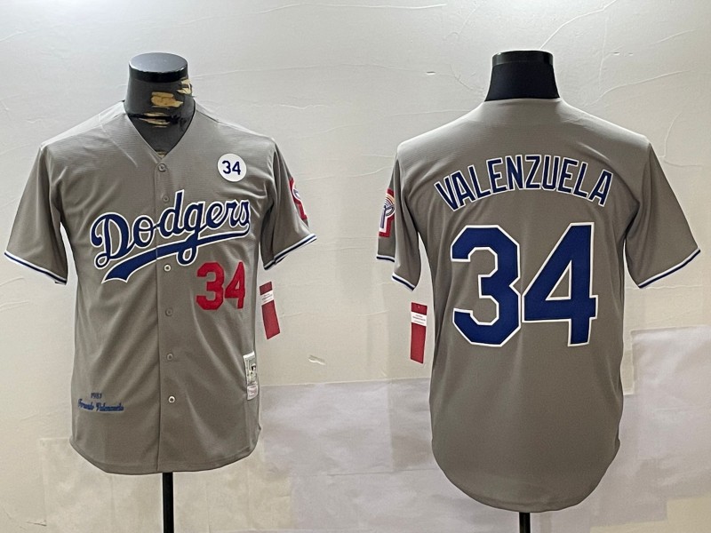 Men's Los Angeles Dodgers #34 1981 Fernando Valenzuela Throwback Grey With Bicentennial Patch 34 Fernando Memorial Patch Stitched Baseball Jersey