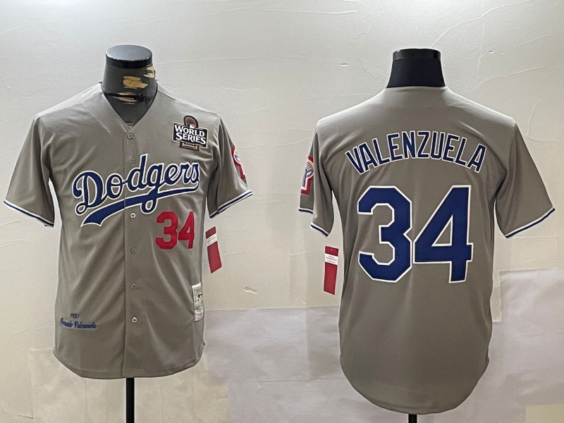 Men's Los Angeles Dodgers #34 1981 Fernando Valenzuela Throwback Grey With Bicentennial Patch 2024 World Series Patch Stitched Baseball Jersey