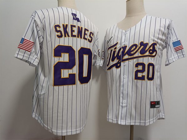 Men's Nike LSU Tigers Paul Skenes Jersey #20 White Pinstripe 2023 College Baseball