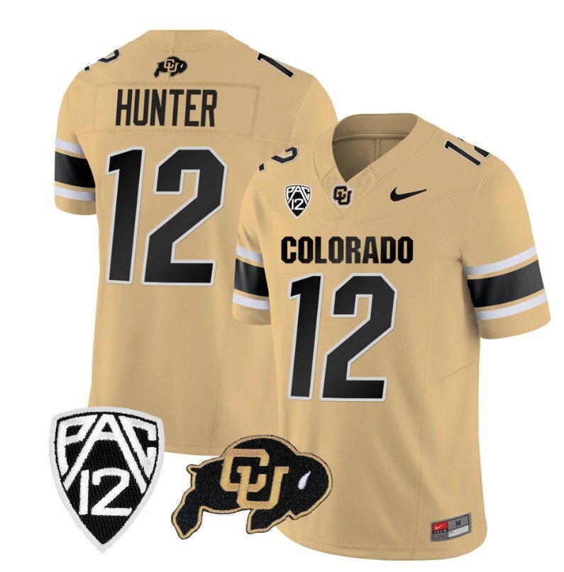 Men's Nike Colorado Buffaloes Travis Hunter Jersey #12 Vapor College Football All Stitched Gold