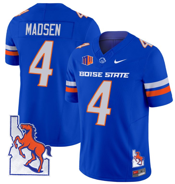 Men's Nike Maddux Madsen Jersey #4 Boise State Broncos 2024 Map Patch Vapor Football Royal