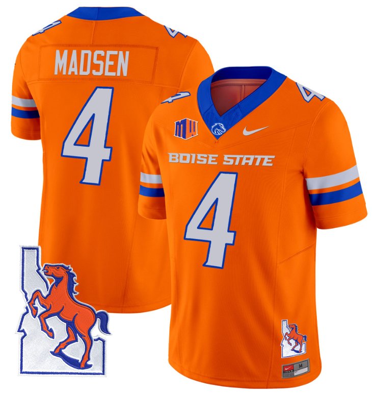 Men's Nike Maddux Madsen Jersey #4 Boise State Broncos 2024 Map Patch Vapor Football Orange