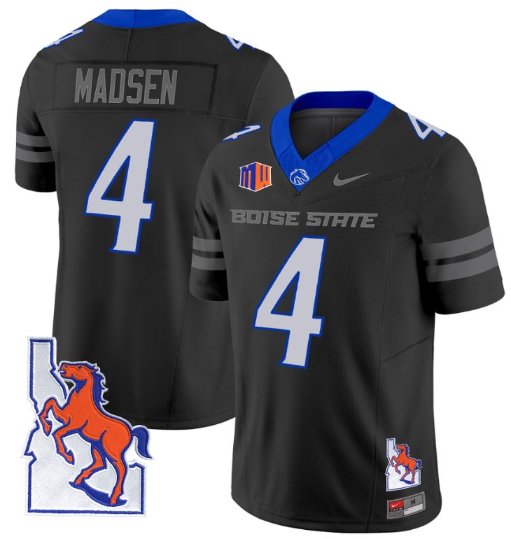 Men's Nike Maddux Madsen Jersey #4 Boise State Broncos 2024 Map Patch Vapor Football Black