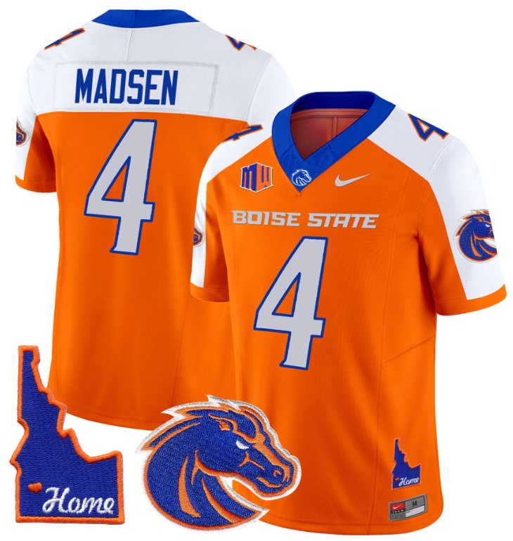 Men's Nike Maddux Madsen Jersey #4 Boise State Broncos 2024 Home Patch Vapor Football Orange Alternate