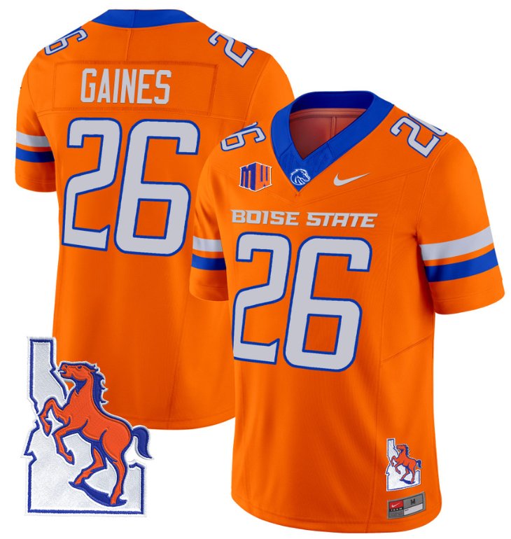 Men's Nike Sire Gaines Jersey #26 Boise State Broncos 2024 Map Patch Vapor Football Orange