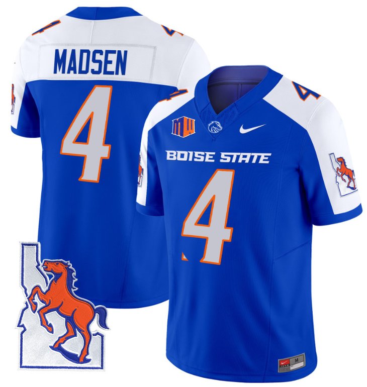 Men's Nike Maddux Madsen Jersey #4 Boise State Broncos 2024 Map Patch Vapor Football Royal Alterante