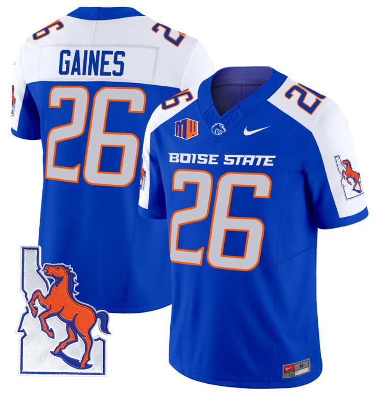 Men's Nike Sire Gaines Jersey #26 Boise State Broncos 2024 Map Patch Vapor Football Royal Alternate