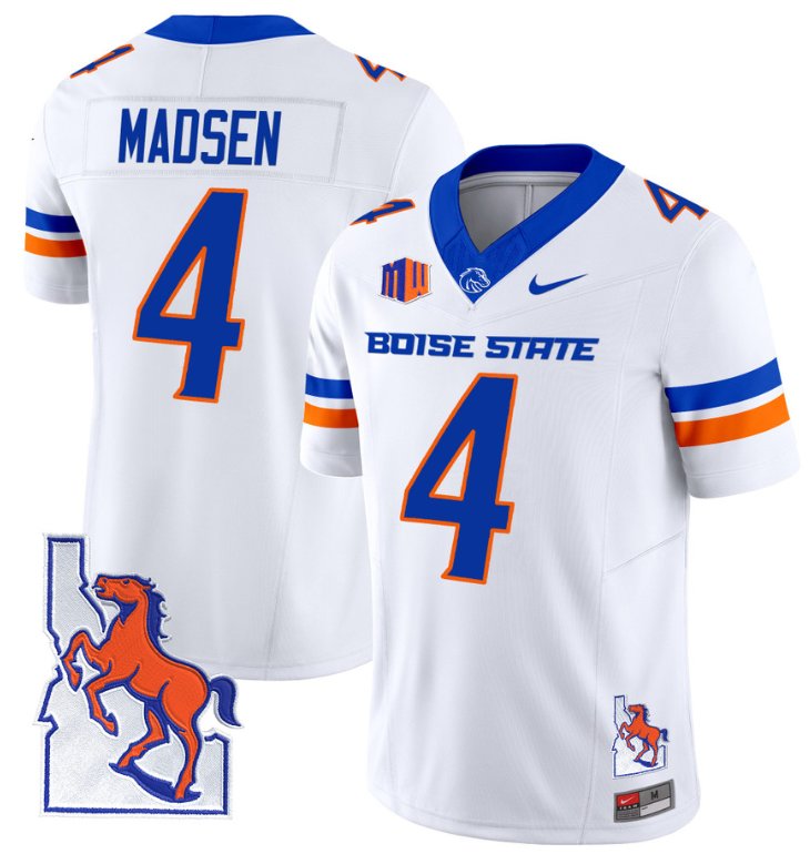 Men's Nike Maddux Madsen Jersey #4 Boise State Broncos 2024 Map Patch Vapor Football White