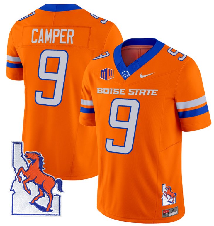 Men's Nike Cameron Camper Jersey #9 Boise State Broncos 2024 Map Patch Vapor Football Orange