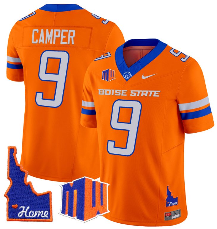 Men's Nike Cameron Camper Jersey #9 Boise State Broncos 2024 Home Patch Vapor Football Orange