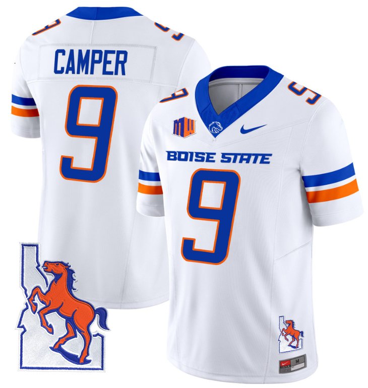 Men's Nike Cameron Camper Jersey #9 Boise State Broncos 2024 Map Patch Vapor Football White