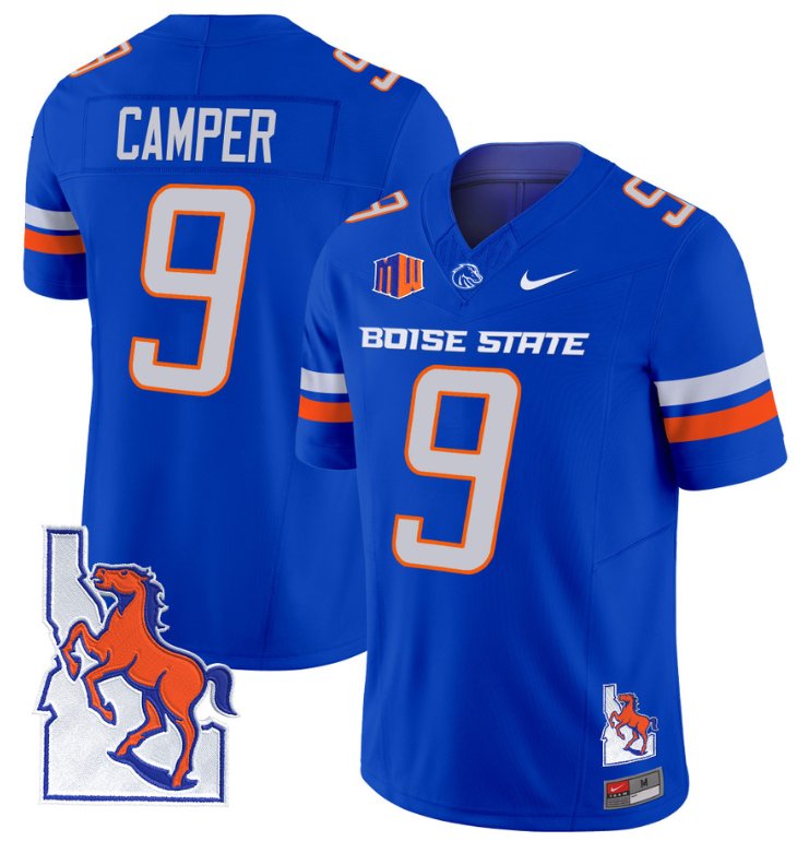 Men's Nike Cameron Camper Jersey #9 Boise State Broncos 2024 Map Patch Vapor Football Royal