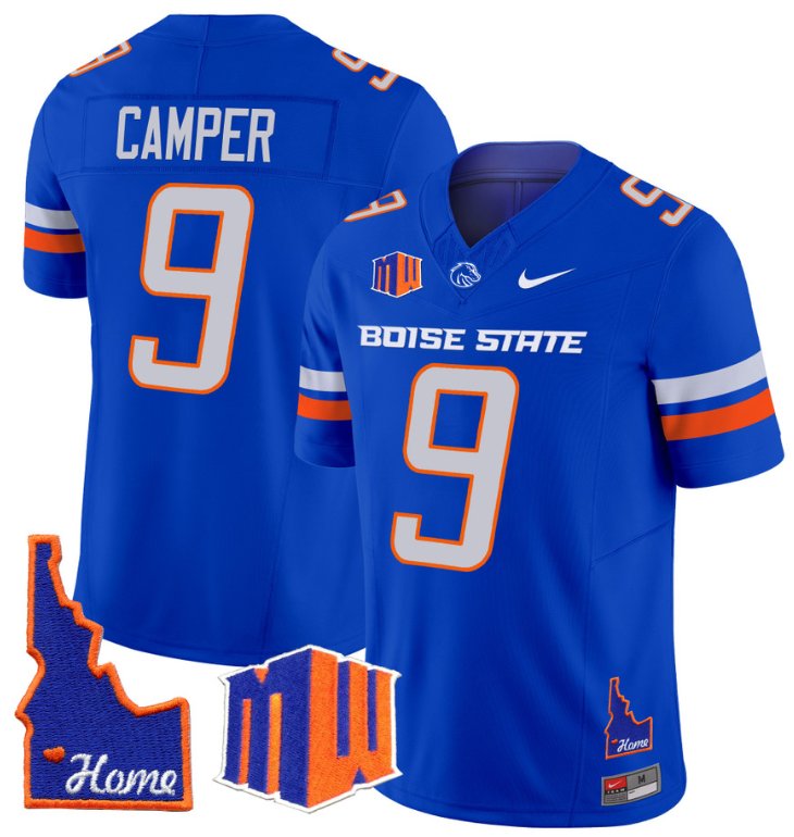 Men's Nike Cameron Camper Jersey #9 Boise State Broncos 2024 Home Patch Vapor Football Royal