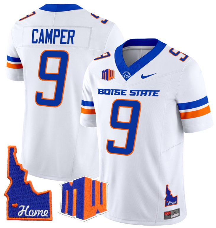 Men's Nike Cameron Camper Jersey #9 Boise State Broncos 2024 Home Patch Vapor Football White