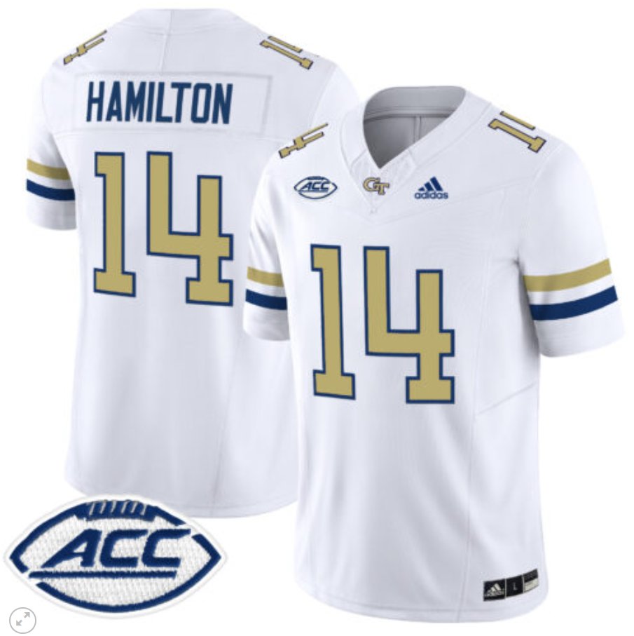 Men's Adidas Joe Hamilton Jersey #14 Georgia Tech Yellow Jackets Vapor Limited Football White