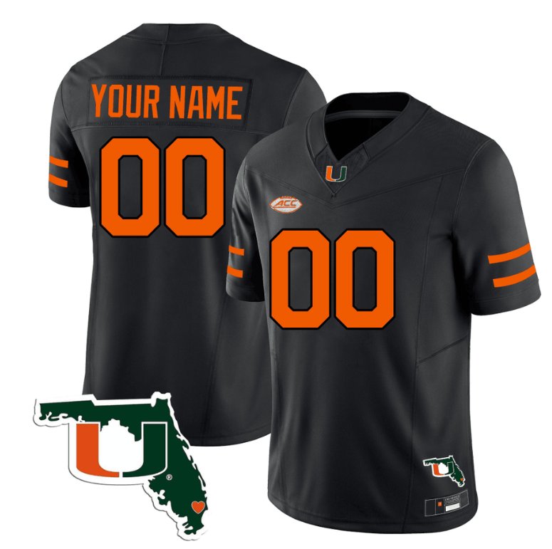 Men's Adidas Custom Miami Hurricanes Jersey Name and Number Florida Map College Football Stitched Black