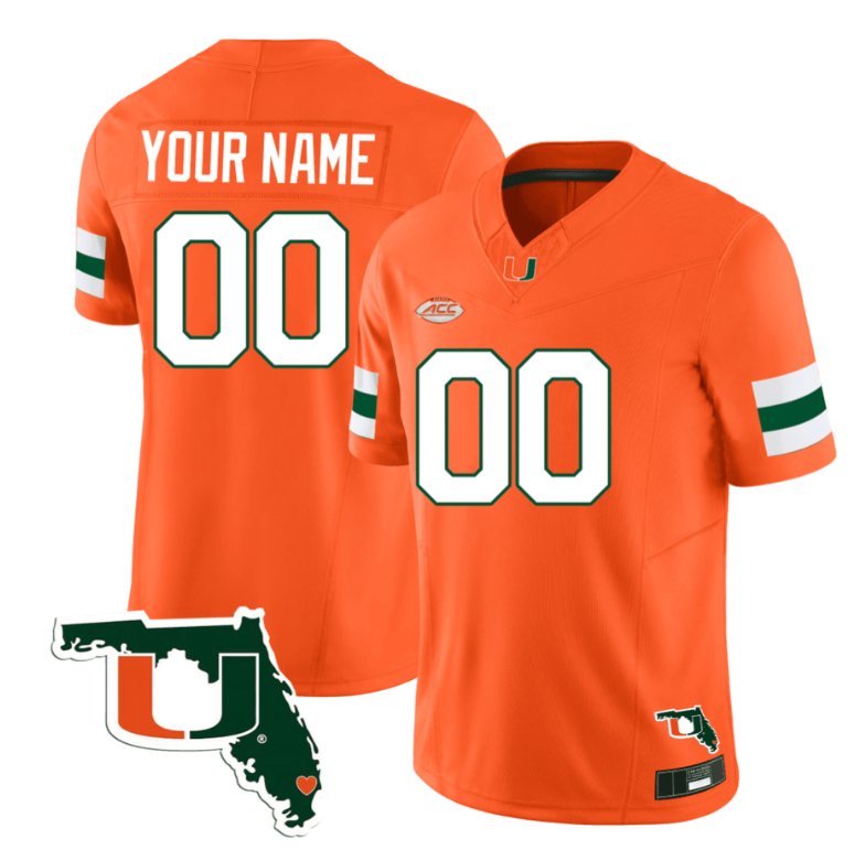 Men's Adidas Custom Miami Hurricanes Jersey Name and Number Florida Map College Football Stitched Orange